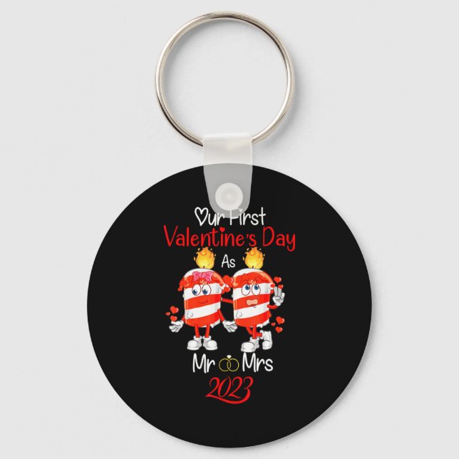 Our First Valentines Day As Mr And Mrs Engaged Cou Keychain (Front)