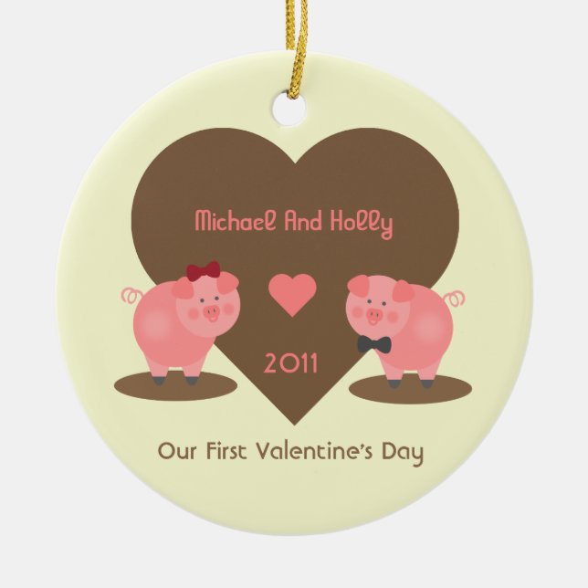 Our First Valentine's Day Pigs and Hearts Ceramic Ornament (Front)