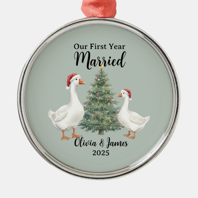 Our First Year Married Goose Custom Christmas Metal Ornament (Front)