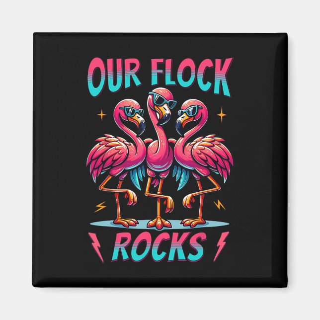 Our Flock Rocks Cute Flamingo Matching Family Vaca Magnet (Front)