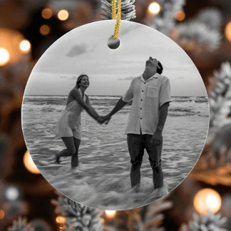 Our Frst Christmas Engaged Black and White Photo Ceramic Ornament