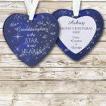 Our Granddaughter Star Ornament<br><div class="desc">Our best selling granddaughter Christmas ornament has been updated this year! It features a silver star and snowflake pattern against a deep blue gradient background. In the centre is your customized text in white. It says "Our Granddaughter is the STAR in our HEARTS. The back of the ornament has the...</div>