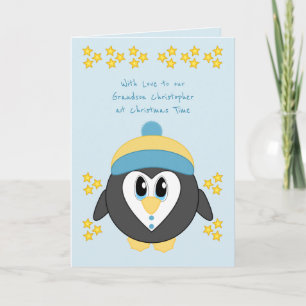 Our Grandson at Christmas cute penguin blue Holiday Card