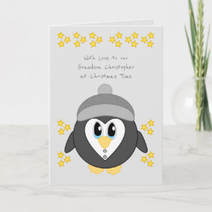 Our Grandson at Christmas cute penguin grey Holiday Card