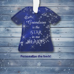 Our Grandson Star Ornament<br><div class="desc">Here's a nice keepsake ornament for that special grandson! It features a silver star and snowflake pattern against a deep blue gradient background. In the centre is your customized text in white. It says "Our Grandson is the STAR in our HEARTS. The back of the ornament has the silver star...</div>