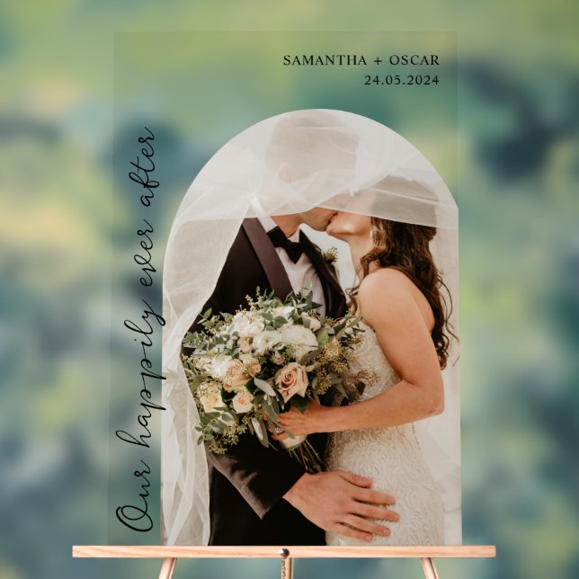 Our Happily Ever After Wedding Photo Acrylic Sign (Neutral)