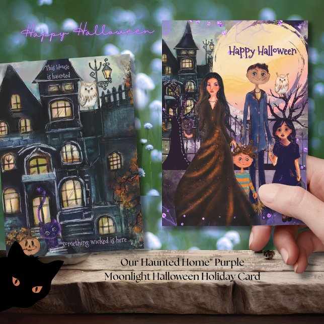 Our Haunted Home" Purple Moonlight Halloween  Holiday Card (Our Haunted Home Purple Moonlight Halloween Holiday Card)