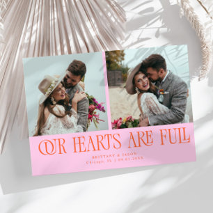 Our Hearts Are Full Orange Pink Wedding Photo  Thank You Card