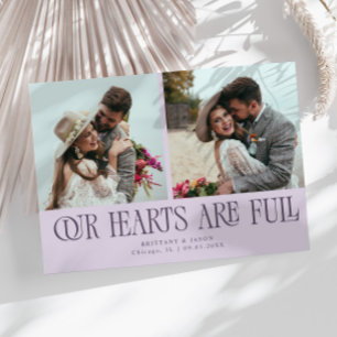 Our Hearts Are Full Purple Wedding Photo Thank You Card
