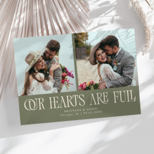 Our Hearts Are Full Sage Green Wedding Photo Thank You Card