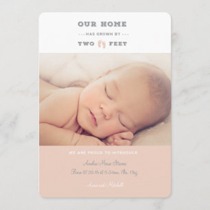 Our home has grown by two feet birth announcement