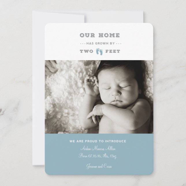 Our home has grown by two feet birth announcement (Front)