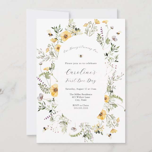 Our Honey Bee Yellow Willdflower Birthday Invitation (Front)