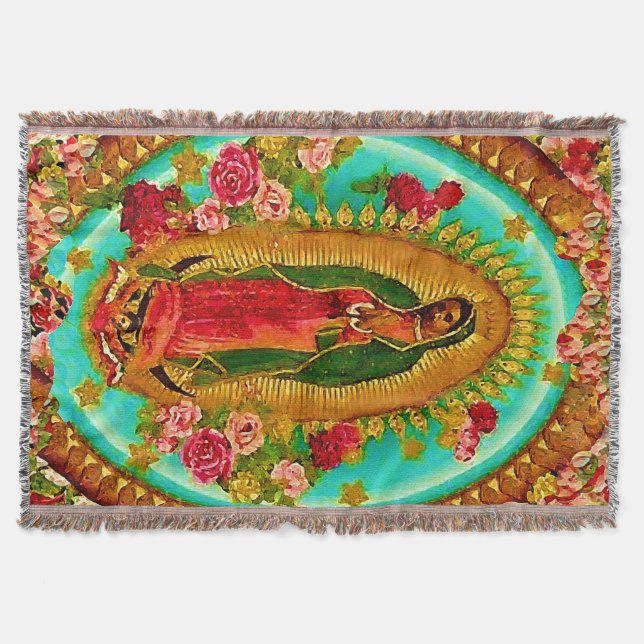 Our Lady Guadalupe Mexican Saint Virgin Mary Throw Blanket (Front)