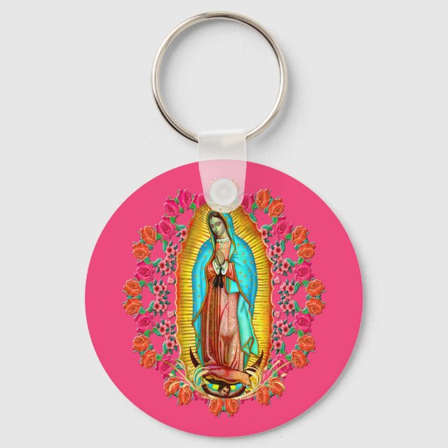 Our Lady Guadalupe Virgin Mary Catholic Saint Pink Keychain (Front)