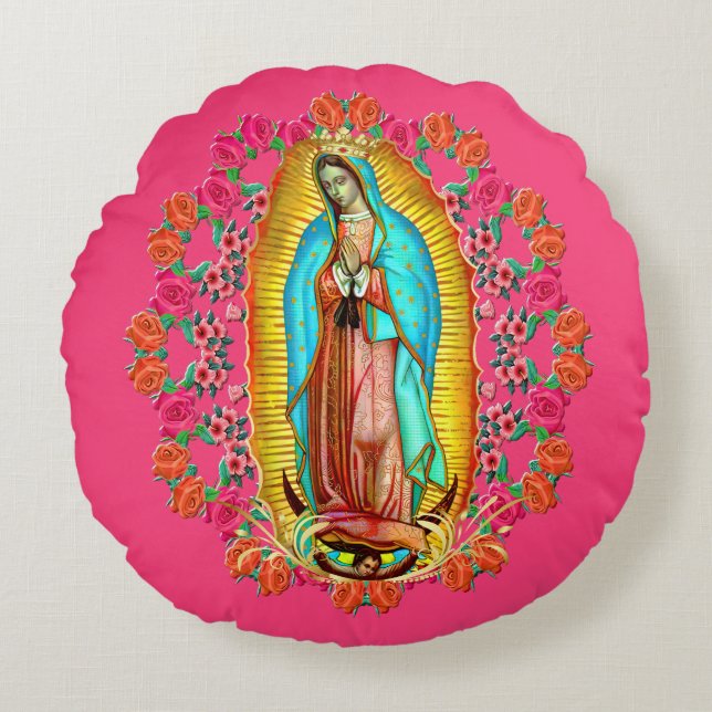 Our Lady Guadalupe Virgin Mary Catholic Saint Pink Round Pillow (Front)