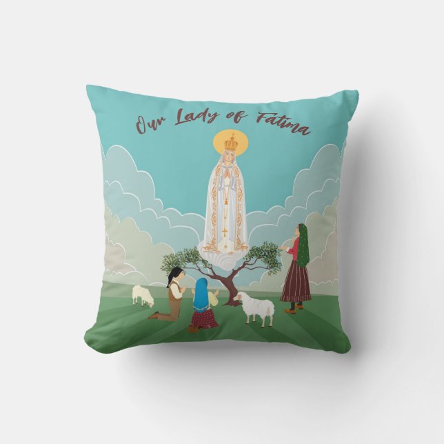 Our Lady of Fatima and the three shepherds Throw Pillow (Front)