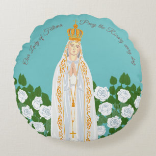 Our Lady of Fatima and white roses Round Pillow