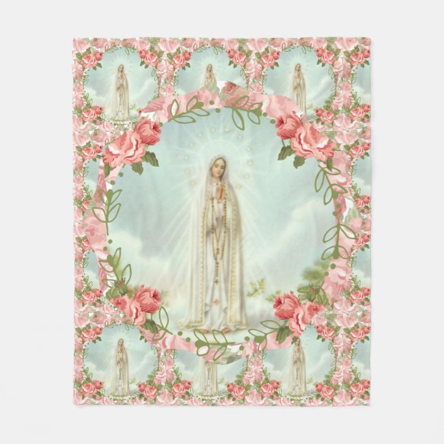 Our Lady of Fatima Pink Roses Fleece Blanket (Front)
