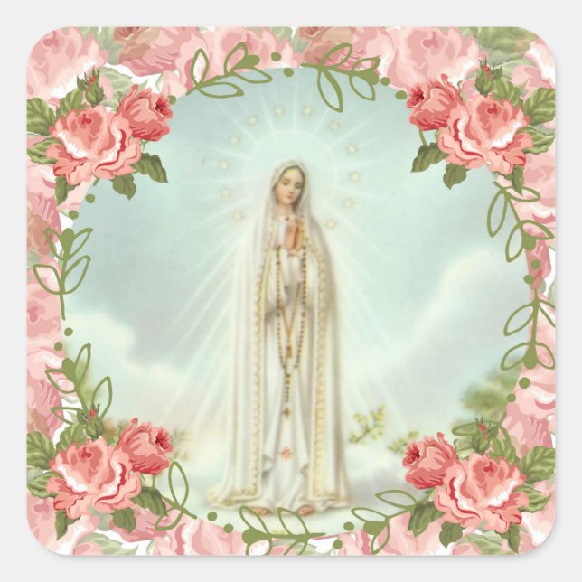 Our Lady of Fatima Pink Roses Square Sticker (Front)