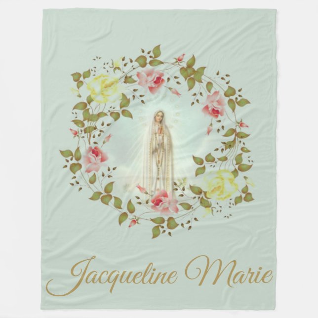 Our Lady of Fatima Rose Floral Wreath Name Fleece Blanket (Front)