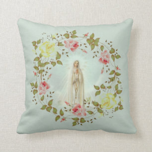 Our Lady of Fatima Rose Spring Floral Wreath Throw Pillow