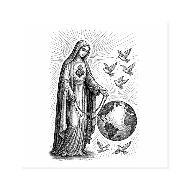 Our Lady of Fatima with Rosary and the World  Rubber Stamp (Imprint)