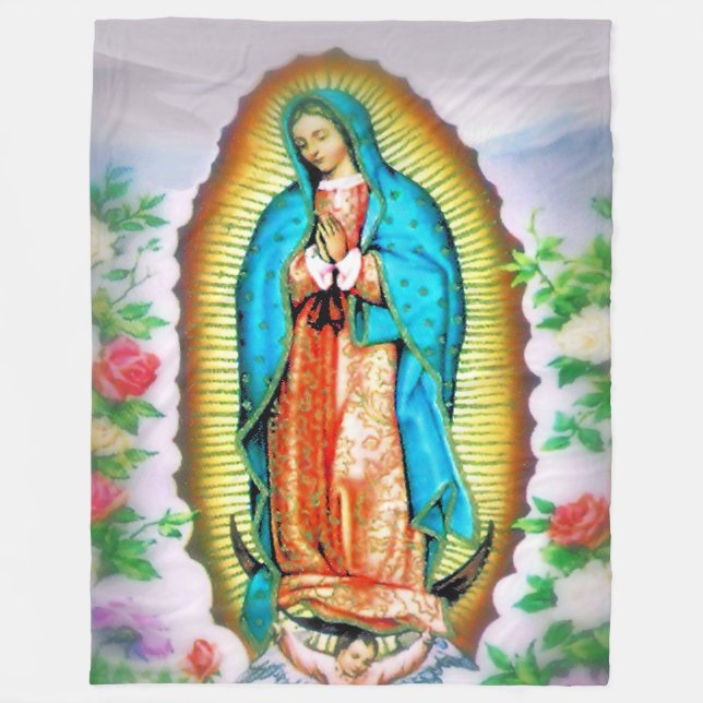 Our Lady of Guadalupe Floral Fleece Blanket (Front)