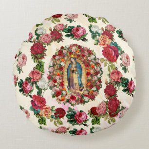 Our Lady of Guadalupe Roses Potpourri   Round Pillow