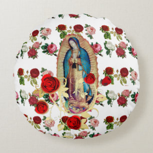 Our Lady of Guadalupe Roses Virgin Mary Saint  Round Pillow