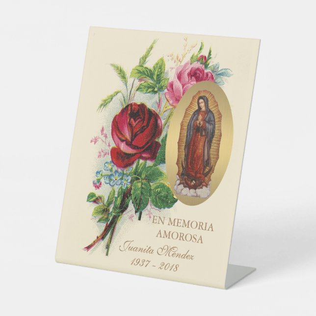 Our Lady of Guadalupe Spanish Funeral Holy Prayer Pedestal Sign (Front)