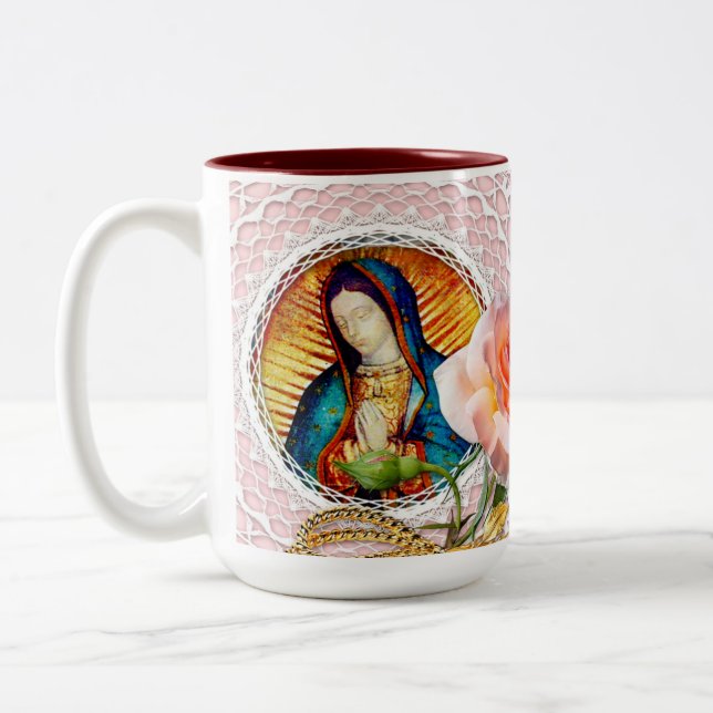 Our Lady of Guadalupe Virgin Mary Pink Rose Two-Tone Coffee Mug (Left)
