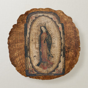Our Lady of Guadalupe Virgin Mary Wood Look Round Pillow