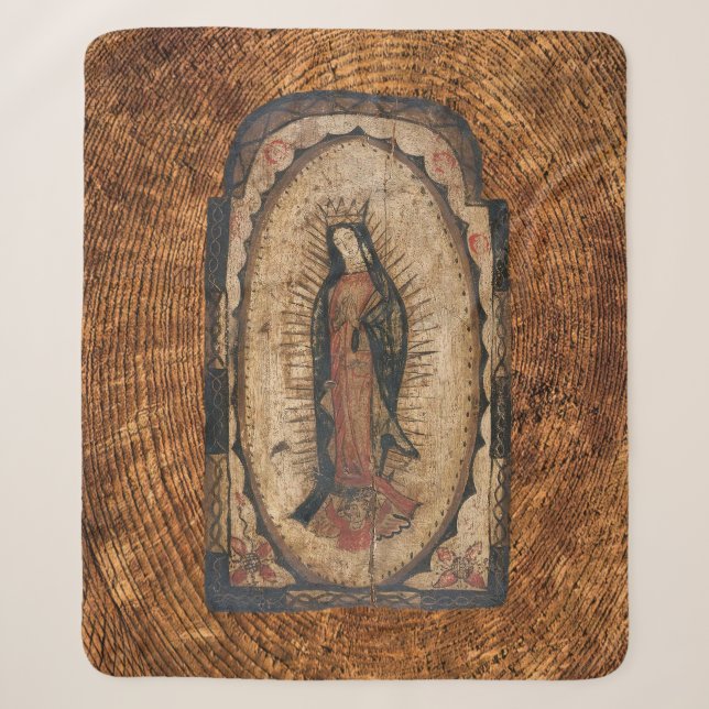 Our Lady of Guadalupe Virgin Mary Wood Look  Sherpa Blanket (Front)