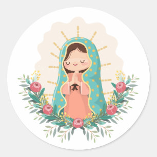 Our Lady of Guadalupe with flowers Kawaii Style Classic Round Sticker