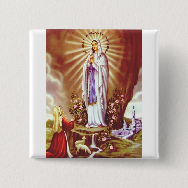 Our Lady of Lourdes 2 Inch Square Button (Front)
