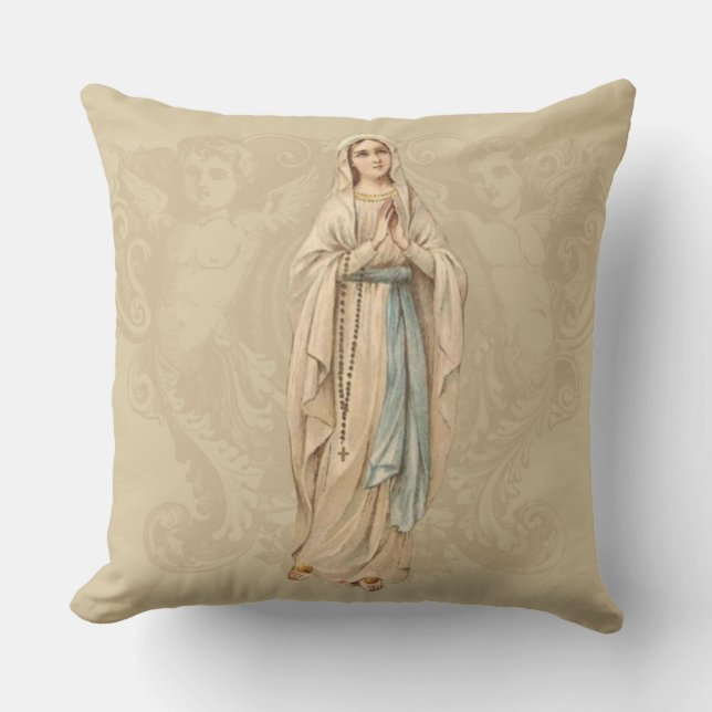 Our Lady of Lourdes Angels Catholic Prayer Throw Pillow (Front)