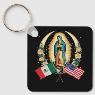 Our Lady Virgen De Guadalupe Mexican American Flag Keychain