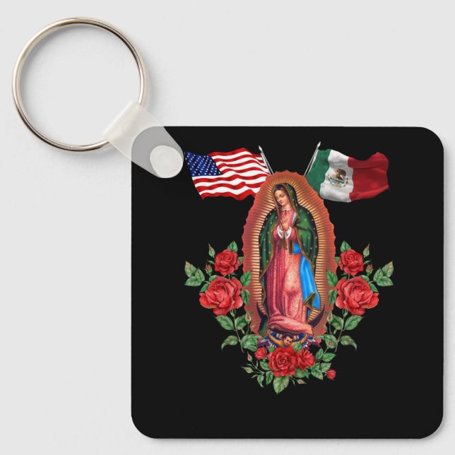 Our Lady Virgen De Guadalupe Mexican American Flag Keychain (Front)