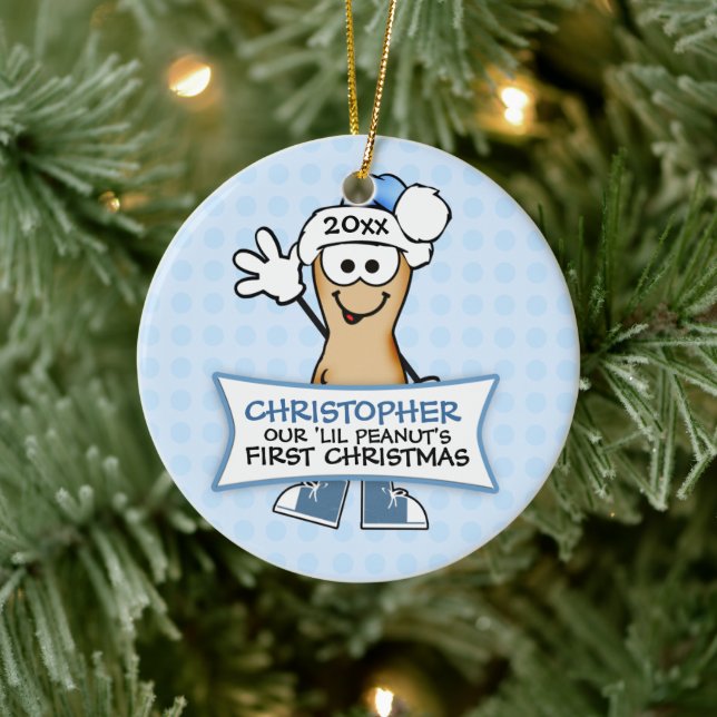 Our Lil Peanut's First Christmas (blue) Ceramic Ornament (Tree)