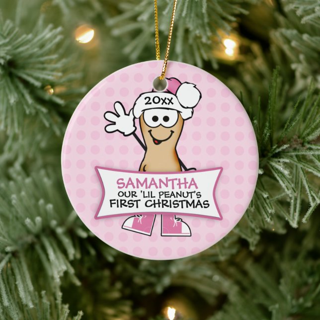 Our Lil Peanut's First Christmas (pink) Ceramic Ornament (Tree)