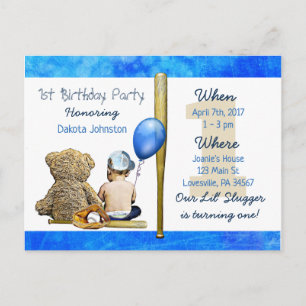 Our Lil Slugger Boy and Teddy Bear 1st Birthday Invitation Postcard