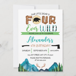 Our Little Bear is Four Ever Wild Birthday Invitation