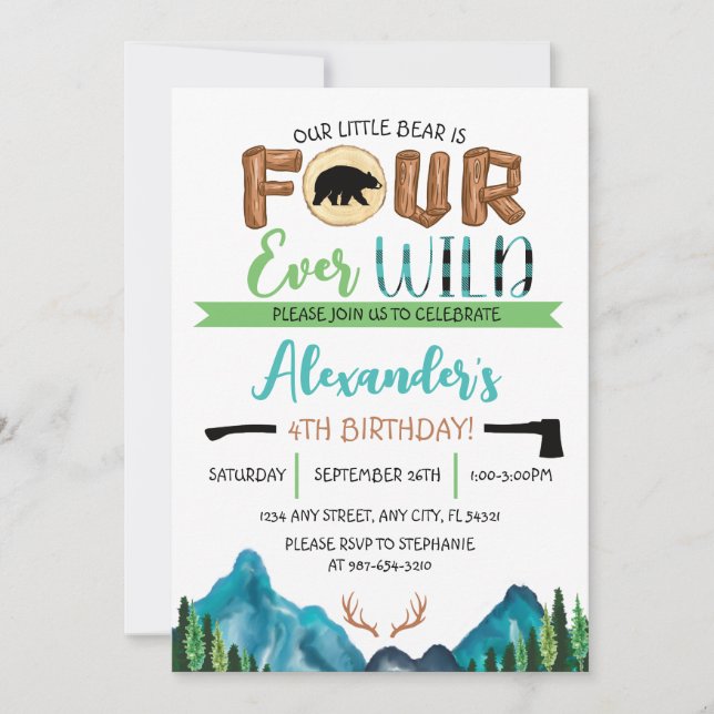 Our Little Bear is Four Ever Wild Birthday Invitation (Front)