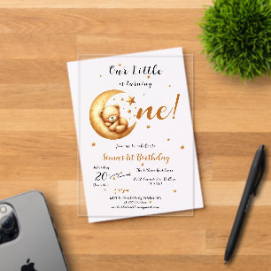 Our Little Bear Is Turning One Cute 1st Birthday Acrylic Invitations