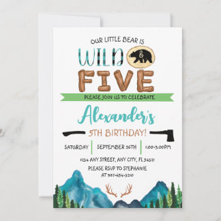 Our Little Bear is Wild & Five Birthday Invitation