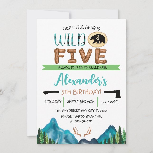 Our Little Bear is Wild & Five Birthday Invitation (Front)