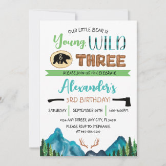 Our Little Bear is Young, Wild & Three Birthday Invitation