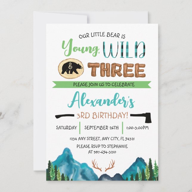 Our Little Bear is Young, Wild & Three Birthday Invitation (Front)