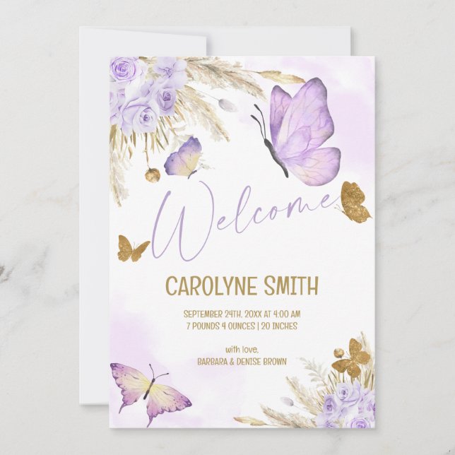Our Little Boho Purple Butterfly Birth Announcement (Front)